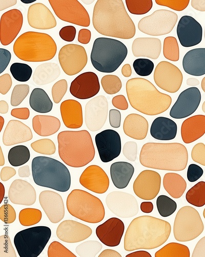 Minimalist seamless pattern of natural stones and clay pebbles in soft earth tones for a contemporary aesthetic