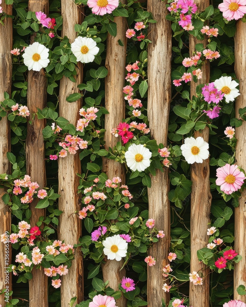 Fototapeta premium Rustic garden fence seamless pattern adorned with vibrant flowers creating a charming and natural outdoor scene
