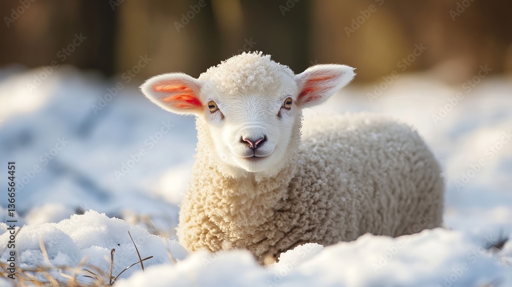 Obraz premium Cute lamb in snow winter photography adorable animal baby sheep farm fluffy white wool rural countryside lambing