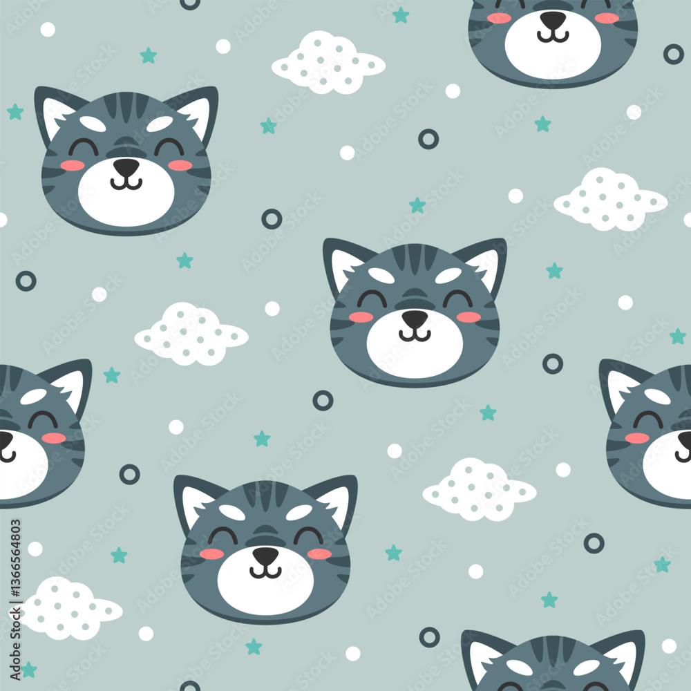 Kitten hand drawn seamless pattern design for print on fabric and other uses. Kitten hand drawn seamless pattern design for print on fabric and other uses.