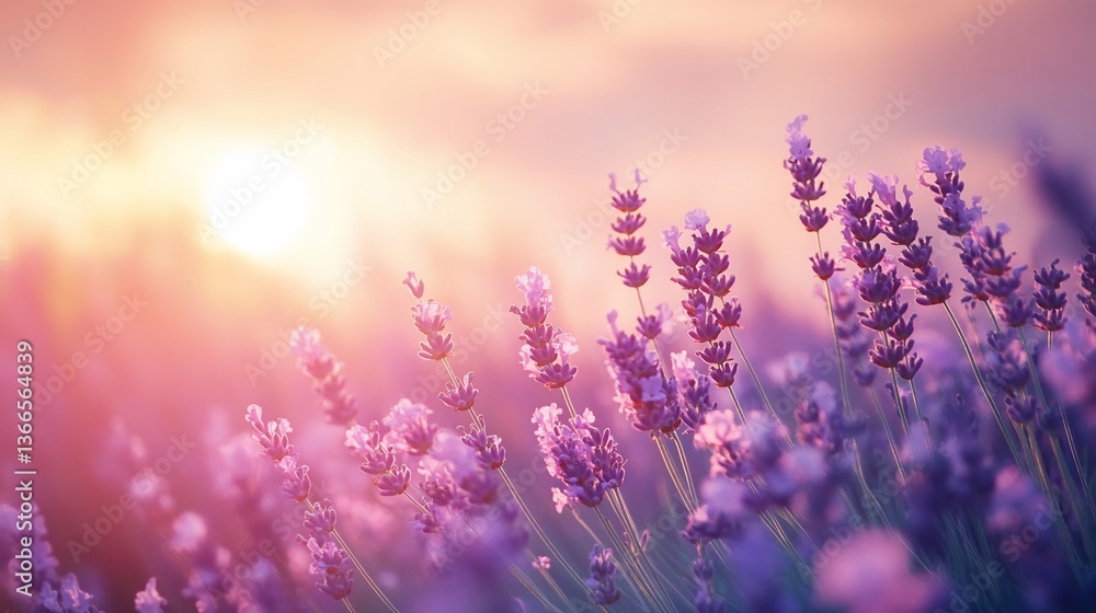 Naklejka premium Enchanting lavender field at sunset, bathed in delicate light and warm hues
