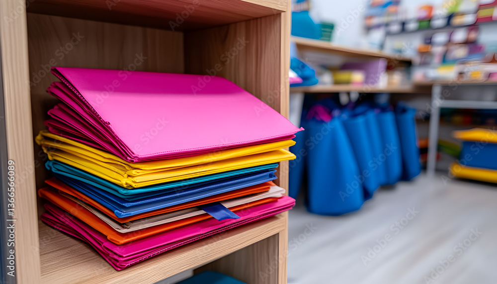 Colorful Stack of Folders on Wooden Shelf in Office