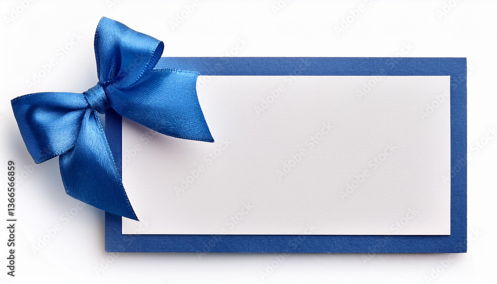 Blank white card. Blue border and ribbon. Simple design template. Great for invitations. Suitable for many events. Ready for your message. Present label with decorative bow. Blank white card. Blue border and ribbon. Simple design template. Great for invitations. Suitable for many events. Ready for your message. Present label with decorative bow.