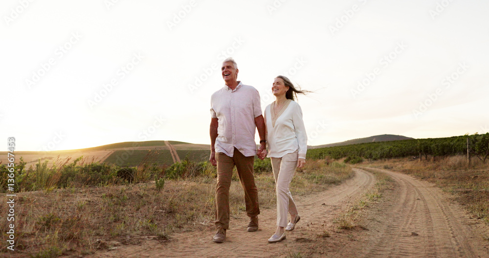 Naklejka premium Farm, walking and holding hands with senior couple, love and relationship with vacation for honeymoon. People, outdoor or dirt road with old man, mature woman and countryside with romance or marriage