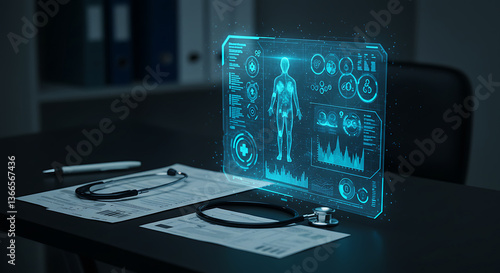 Examining Human Body Hologram with Stethoscope for Medical Analysis on Desk