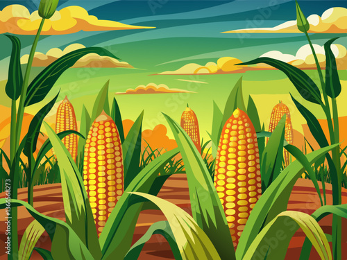 vector of Corn cobs in corn plantation field.