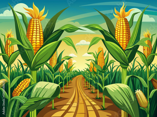 vector of Corn cobs in corn plantation field.