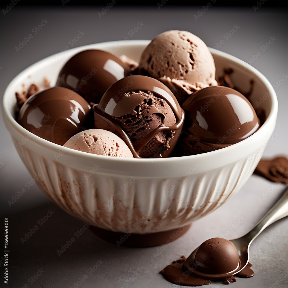 Assorted Chocolate Ice Cream Scoops in Bowl Dessert Variety Gray Background Assorted Chocolate Ice Cream Scoops in Bowl Dessert Variety Gray Background
