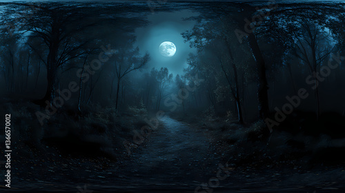 degree, dark forest path illuminated by the moon, with ghostly apparitions floating. hdri spherical panorama. Ghostly Light. Illustration