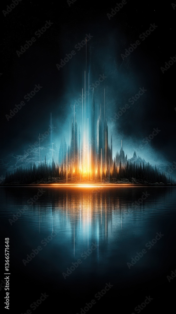 Fototapeta premium City skyline at dawn, reflected on water