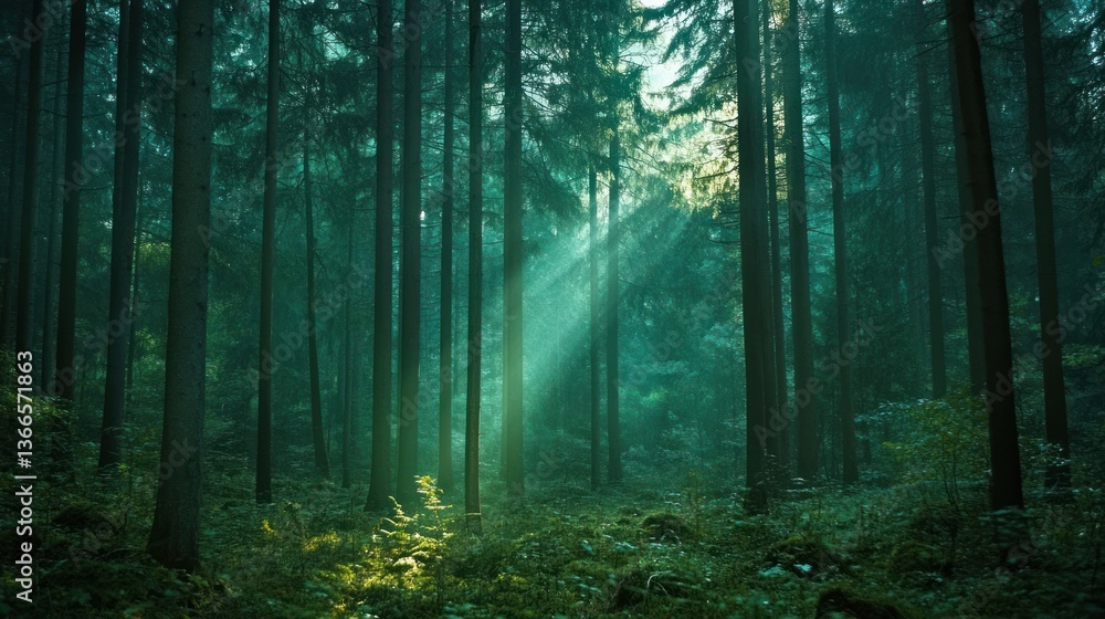 Obraz premium Sunlight Peeking Through Tall Trees In A Dense Forest
