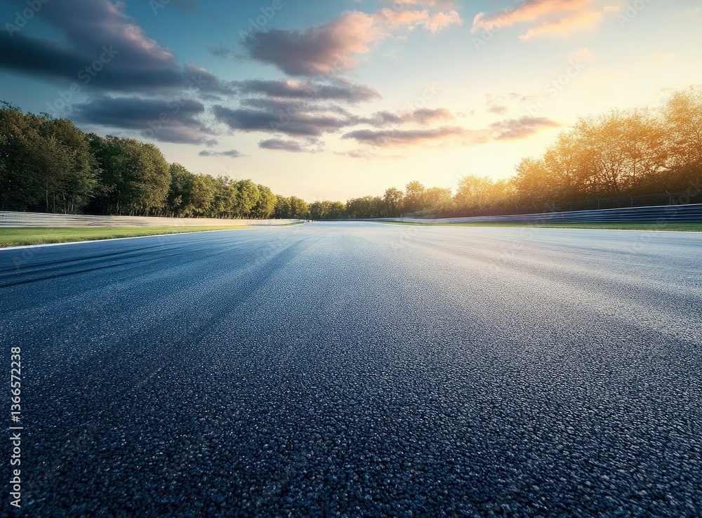 Empty Race Track at Sunset with Trees and Cloudy Sky Empty Race Track at Sunset with Trees and Cloudy Sky
