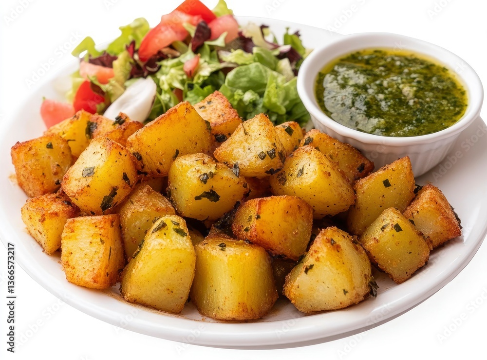Roasted Potato Cubes Served with Green Sauce and Fresh Garden Salad Roasted Potato Cubes Served with Green Sauce and Fresh Garden Salad