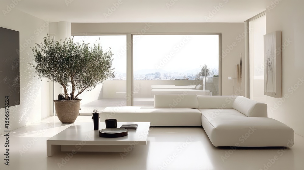 Fototapeta premium Modern minimalist living room with large windows showcasing a scenic view and an olive tree centerpiece