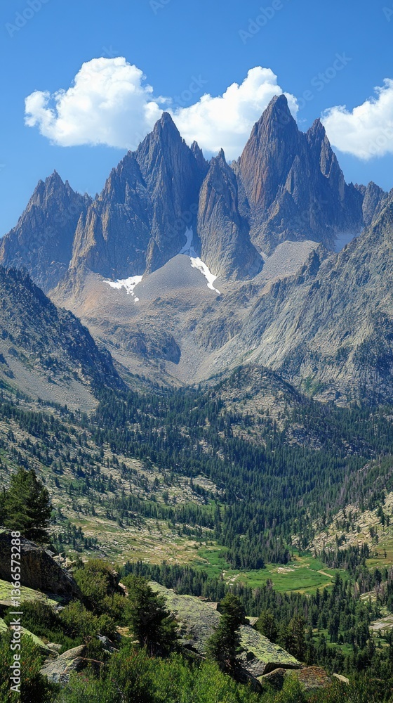 Fototapeta premium Alpine peaks, valley view, scenic mountain landscape