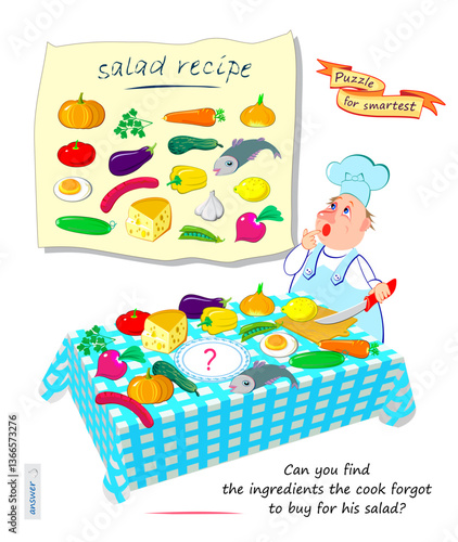 Can you find the ingredients the cook forgot to buy for his salad? Logic puzzle for smartest. Educational game. Page for kids brain teaser book. Task for attentiveness. Flat vector illustration.