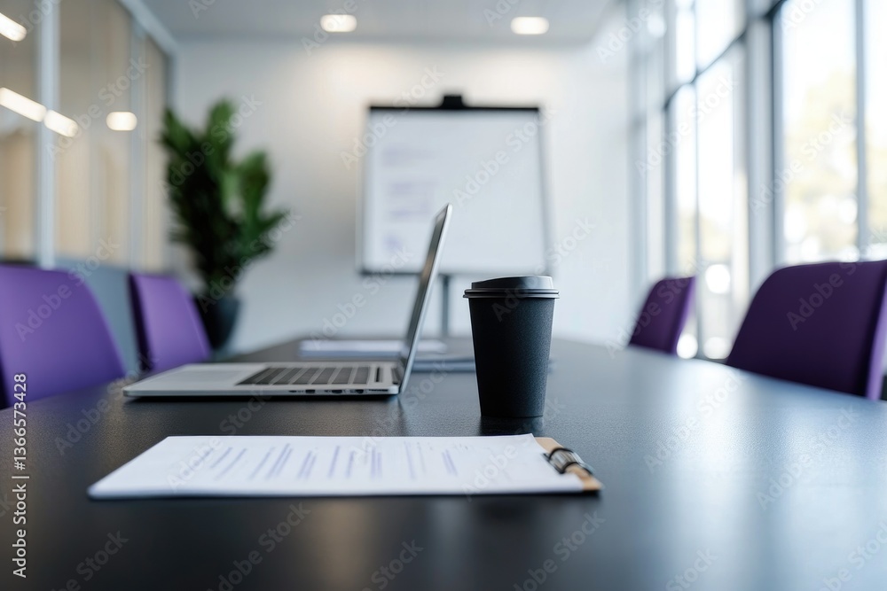 Laptop Coffee and Document on Conference Table in Modern Office Laptop Coffee and Document on Conference Table in Modern Office