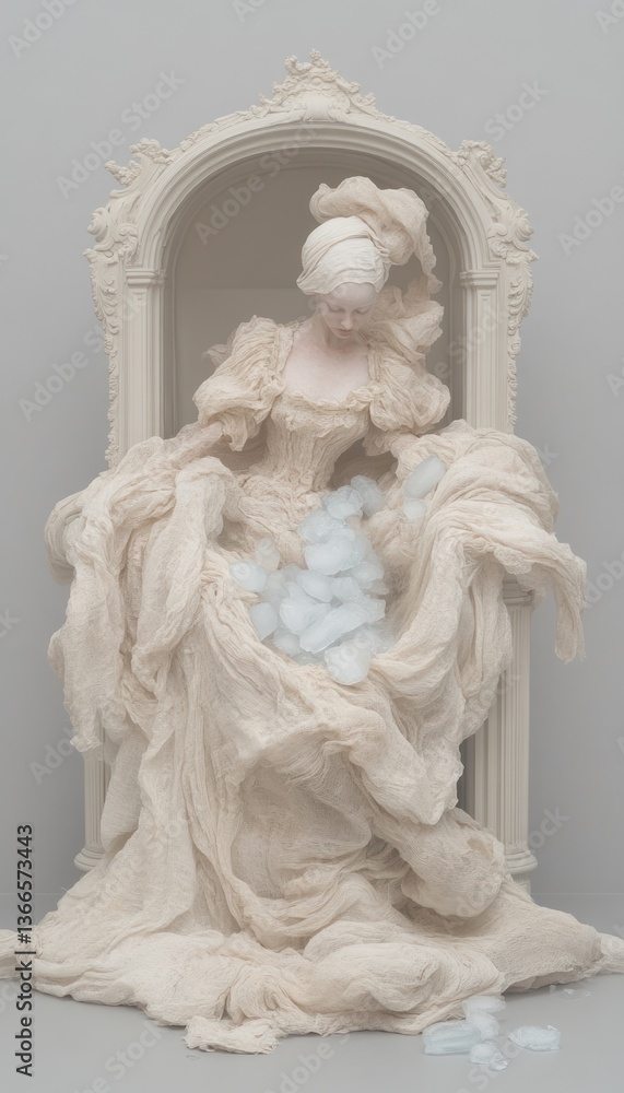 Fototapeta premium Pale figure in ornate frame, draped in flowing fabric