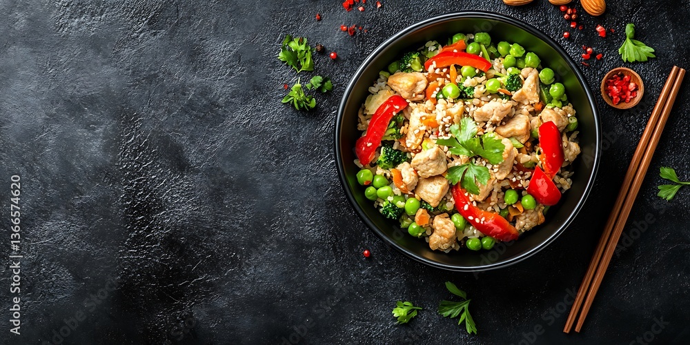 Delicious chicken and vegetable rice dish in a black bowl Delicious chicken and vegetable rice dish in a black bowl