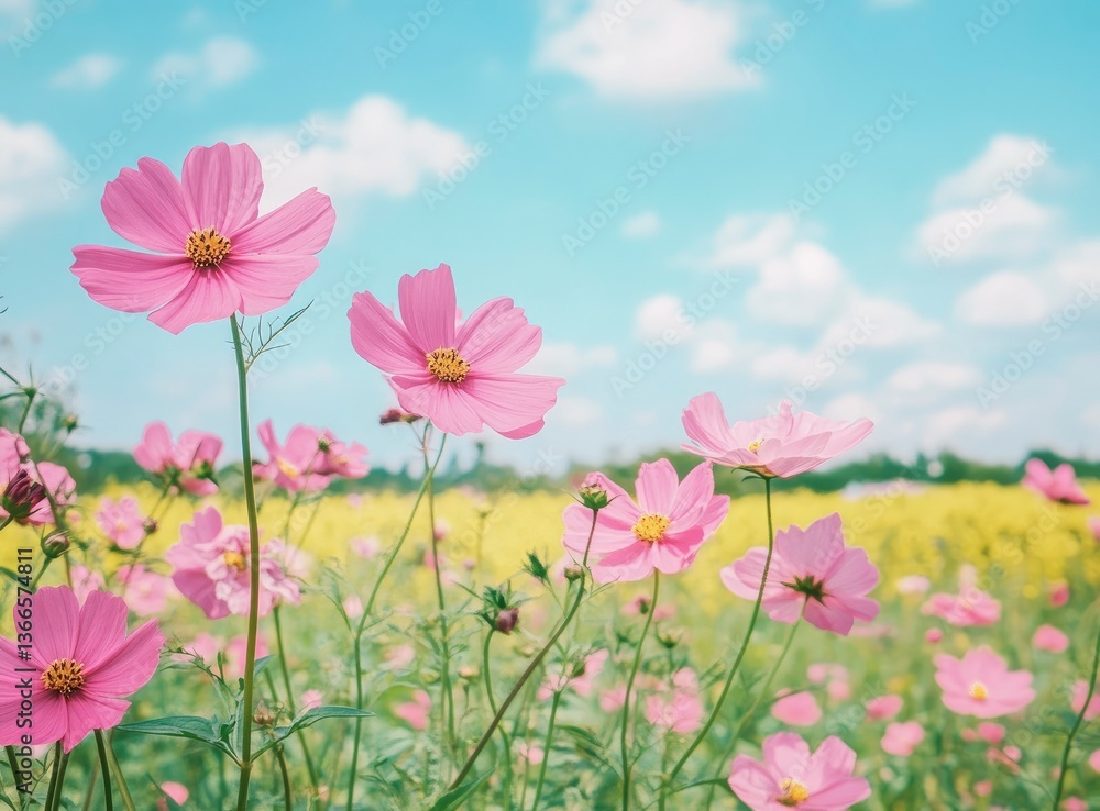 Pink Cosmos Flowers Blooming in Field Against Blue Sky Background Pink Cosmos Flowers Blooming in Field Against Blue Sky Background