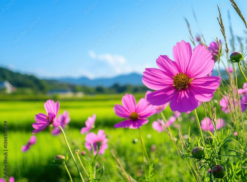 Pink Cosmos Flowers Blooming in Green Field on Sunny Day Pink Cosmos Flowers Blooming in Green Field on Sunny Day