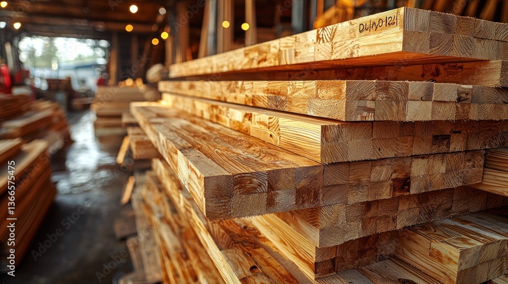Stacked lumber in a warehouse Stacked lumber in a warehouse