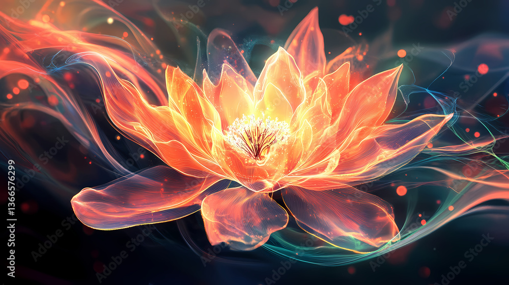 Obraz premium A radiant aura envelops an otherworldly flower, glowing, delicate, leaf. Otherworldly Aura. Illustration