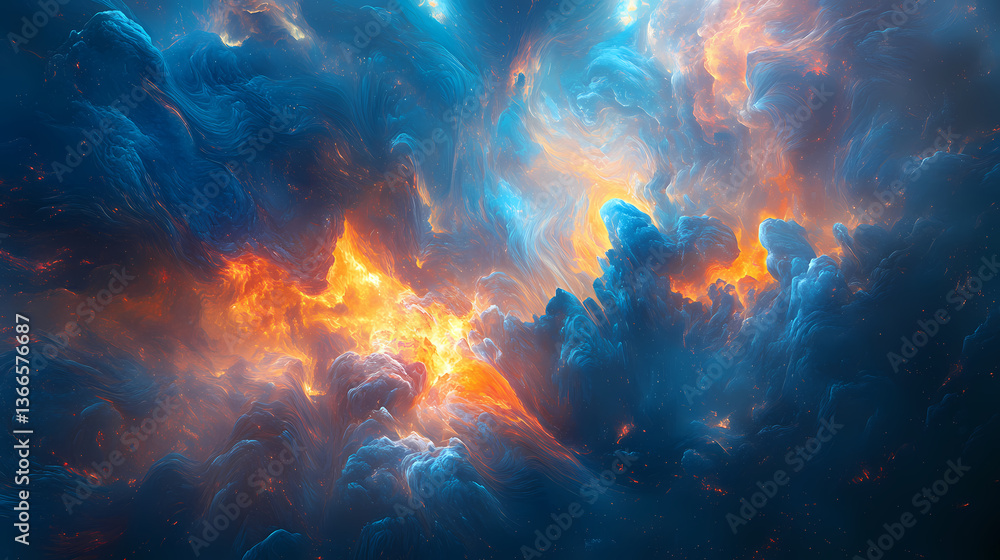 Fototapeta premium Ethereal blue and orange wisps with blurred aura effects, otherworldly landscape, vibrant colors, wisps. Otherworldly Aura. Illustration