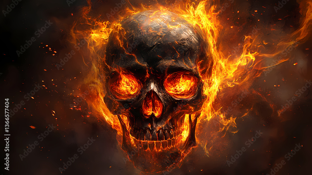 Fierce flaming skull with glowing eye sockets intricate flame patterns swirling around jawbone dark background with embers floating intense otherworldly aura. Otherworldly Aura. Illustration Fierce flaming skull with glowing eye sockets intricate flame patterns swirling around jawbone dark background with embers floating intense otherworldly aura. Otherworldly Aura. Illustration