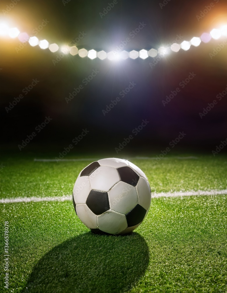 Fototapeta premium Soccer ball on field under stadium lights at night