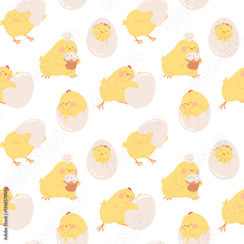 Easter chicks seamless pattern. Happy Easter background with cute newborn yellow chicks vector illustration for invitations, banner, gift wrapping, wallpaper, kids' textiles, packaging, greeting card.