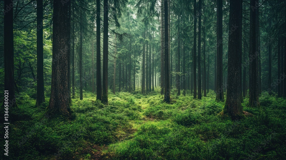 Fototapeta premium A Dense Forest With Tall Green Trees Growing Closely Together