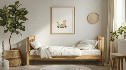 Cozy children's room featuring a wooden bed with white bedding, a playful cow illustration on the wall, and greenery