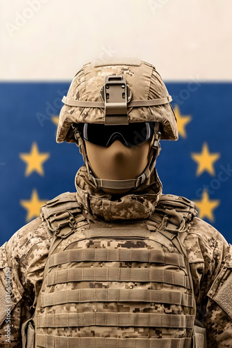 Soldier in tactical gear against EU flag backdrop