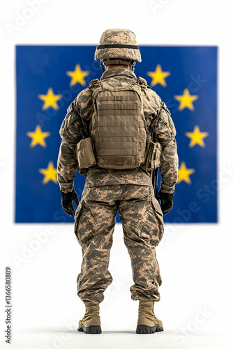 Soldier in fatigues facing the European Union flag on a white background