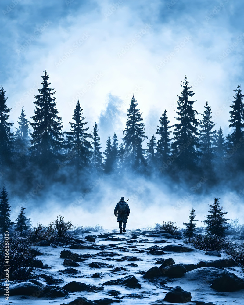 Fototapeta premium Solitary figure walking through a winter forest