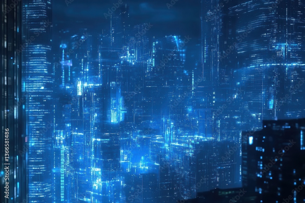 A futuristic metropolis illuminated by glowing neon blue lights A futuristic metropolis illuminated by glowing neon blue lights