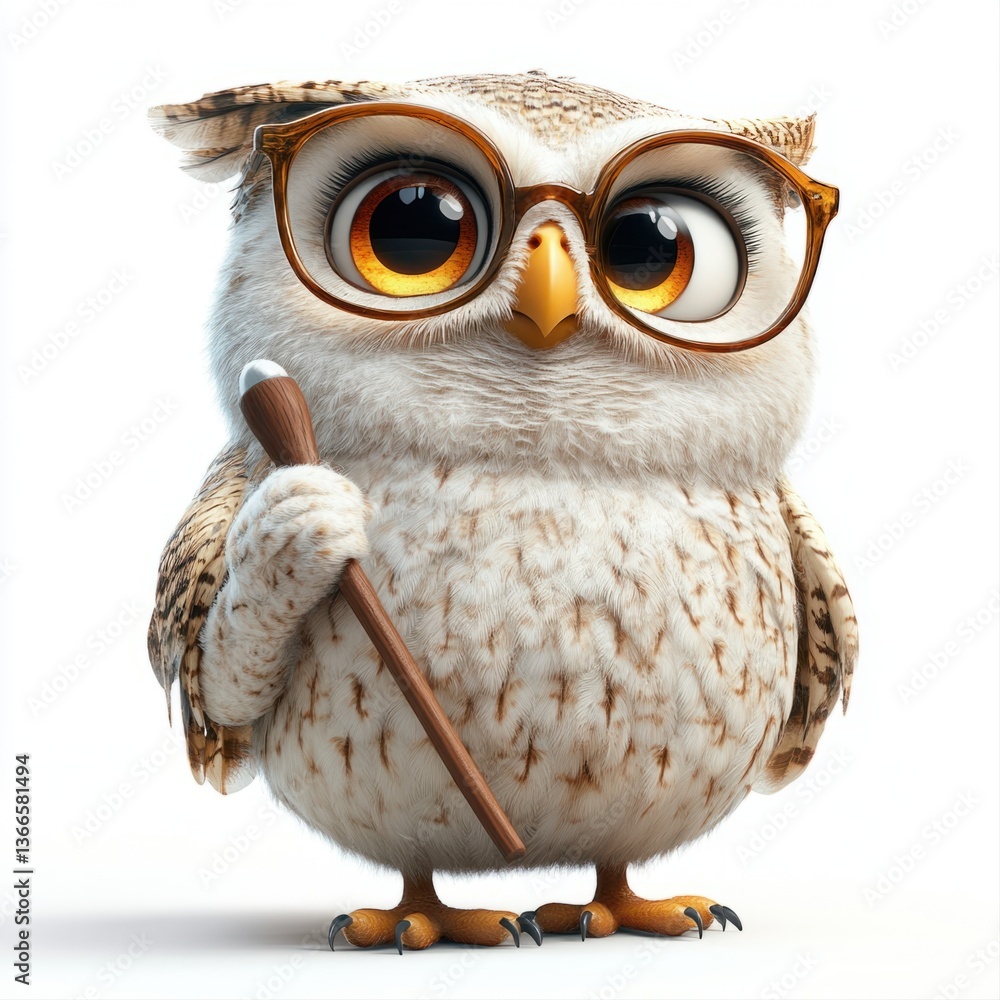 Obraz premium Wise owl wearing glasses and holding wooden stick