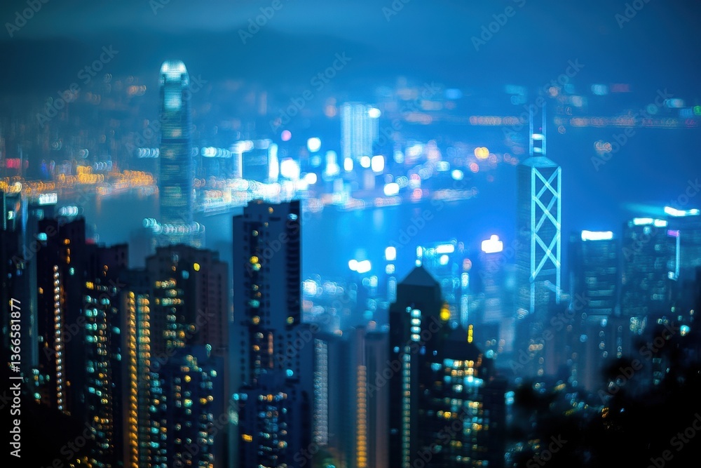 Blurred nighttime view of a city skyline filled with lights Blurred nighttime view of a city skyline filled with lights