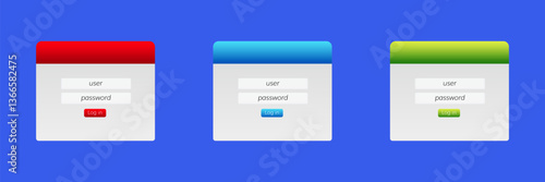 Three login screens showcase different color schemes with user and password fields, plus a login button.