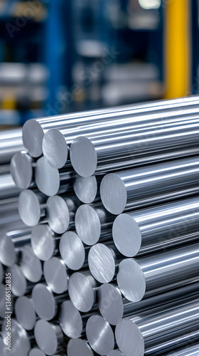 Stack of shiny metal rods in industrial setting, precision manufacturing, close-up, blurred background