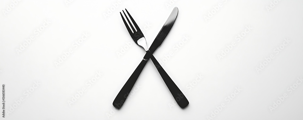 Fototapeta premium A fork and knife symbolizing dining or food, black-filled on white