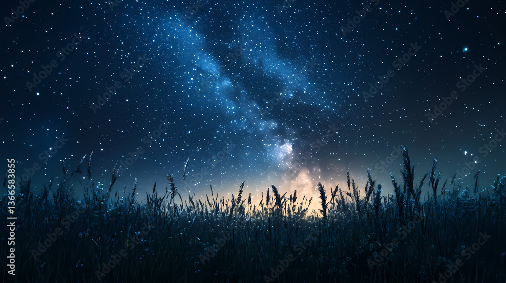 Fototapeta premium The stars shine brightly above a meadow illuminated by the soft luminescence of the milky way, landscape, serene. Serene Luminescence. Illustration