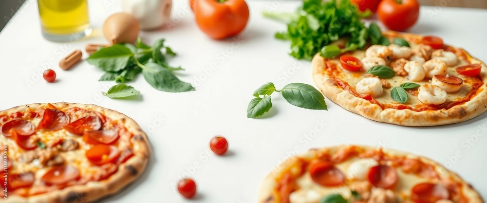 Selection of Assorted pieces pizza on white background and ingredients Pepperoni Vegetarian and Seaf Selection of Assorted pieces pizza on white background and ingredients Pepperoni Vegetarian and Seaf