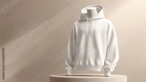 A minimalistic display of a white hoodie on a neutral pedestal, showcasing its texture and design in soft lighting