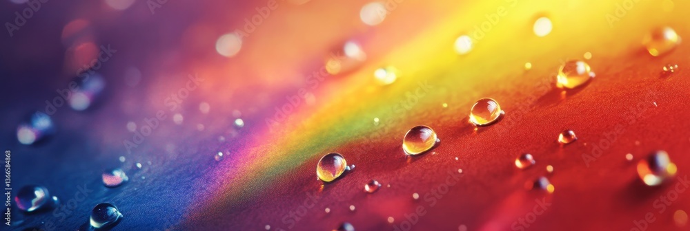 Fototapeta premium Rainbow surface covered in shimmering water droplets.