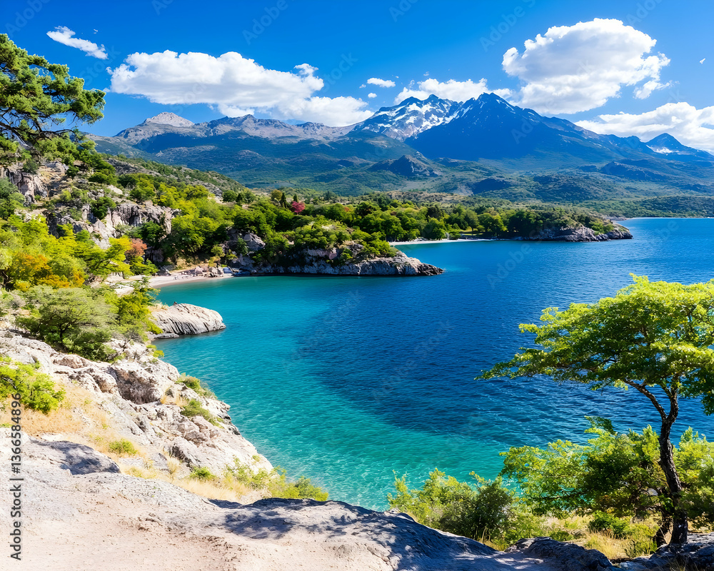 Fototapeta premium Sunny coastal landscape with clear turquoise water, rocky shores, lush greenery, and majestic snow-capped mountains in the background