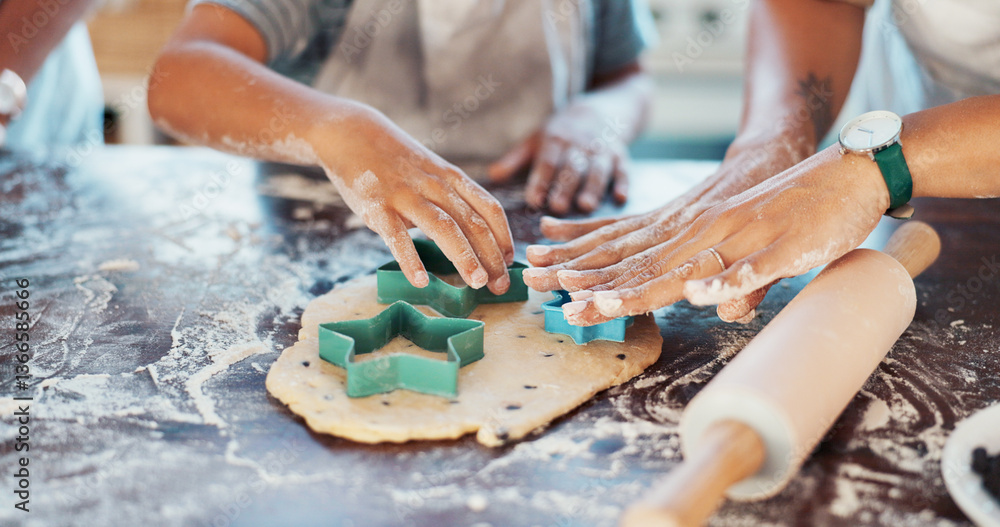 Hands, kitchen and child with parents, baking and helping kid with ingredients, bonding and together. Table, growth and development of fine motor skills for youth, people and cake for boy in home Hands, kitchen and child with parents, baking and helping kid with ingredients, bonding and together. Table, growth and development of fine motor skills for youth, people and cake for boy in home