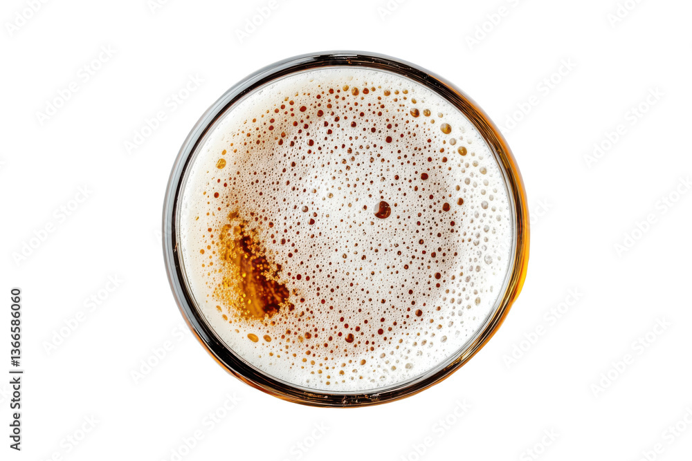 A top-down view of a glass of beer with frothy foam set against a transparent background A top-down view of a glass of beer with frothy foam set against a transparent background