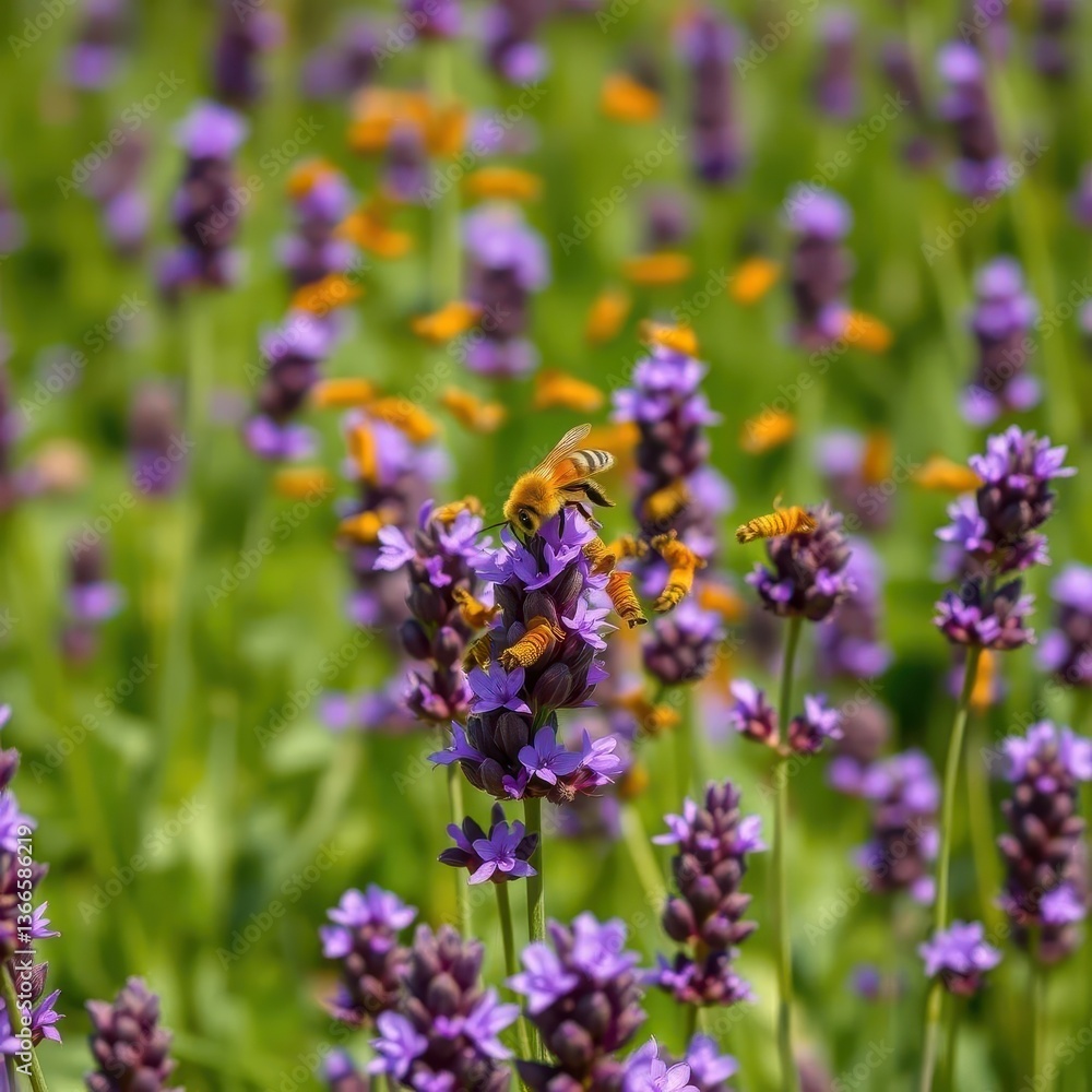 Golden bee swarm encircles vibrant purple lavender field, golden, fragrance Golden bee swarm encircles vibrant purple lavender field, golden, fragrance